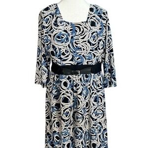 JM Collection Black Blue White Swirl Print Belted Midi Dress Casual Large Petite